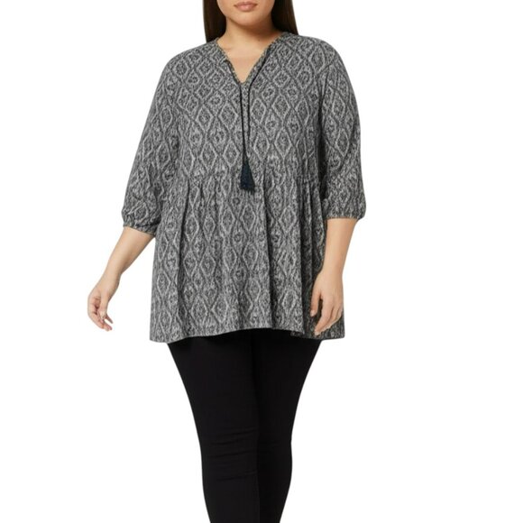 Fred David Ikat Peasant Blouse 2X – Gray Boho Tunic Balloon Sleeve Top - Picture 2 of 16